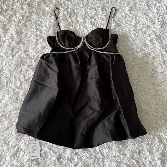 NWT Self-Portrait Black Taffeta Diamante Mini Dress with Lace Trim Size 10 - Picture 8 of 15